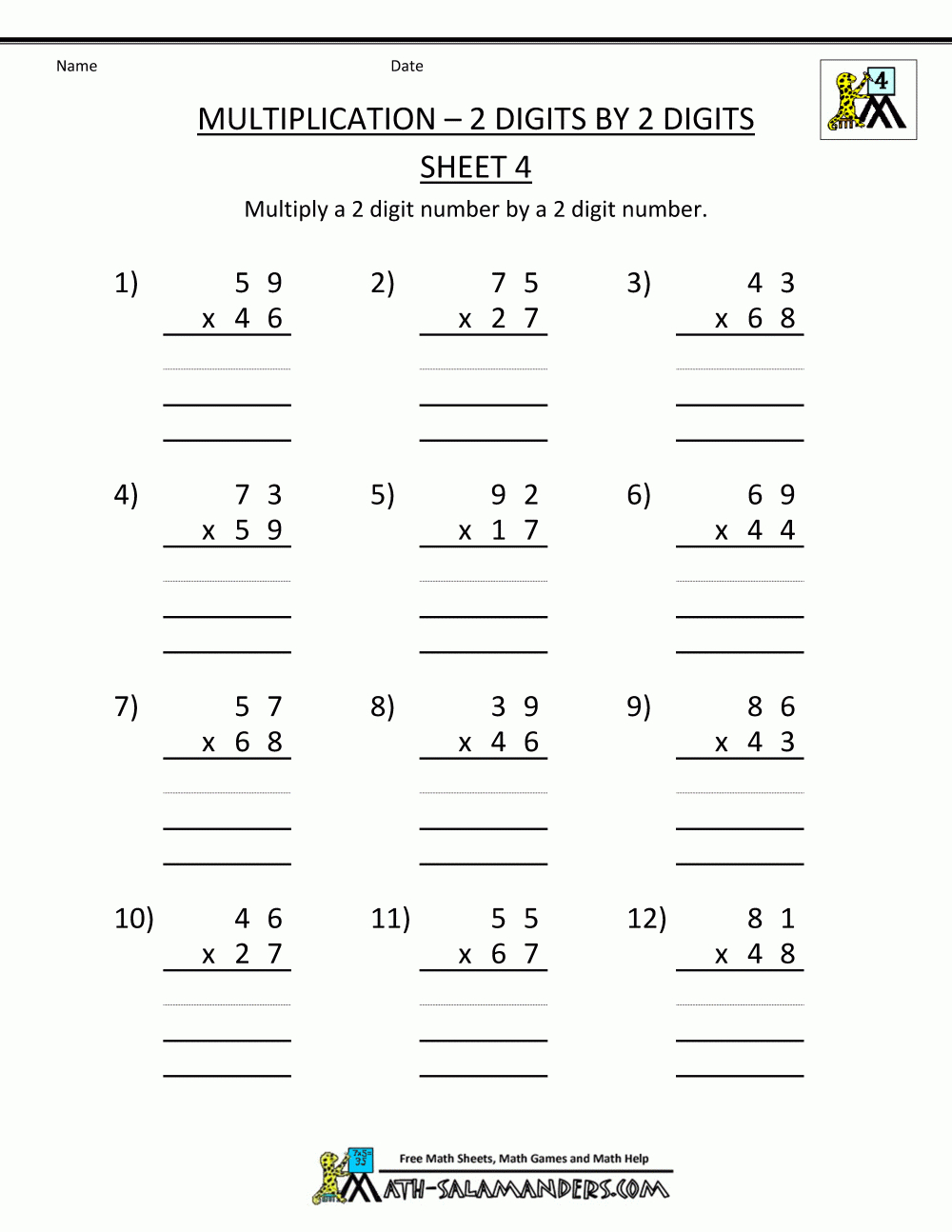 Math Worksheets Printable Multiplication 2 Digits2 with regard to Free Printable Multiplication Problems