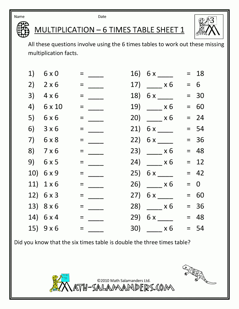 Math Worksheets Printable Multiplication 6 Times Table 1 intended for Printable Multiplication Facts 6