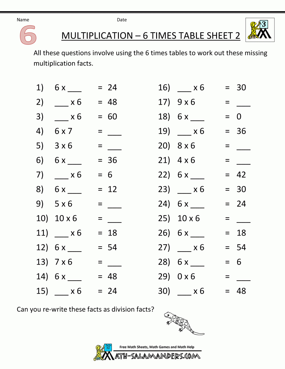 Multiplication Drill X6 Worksheet Multiplication Facts X6 Practice 