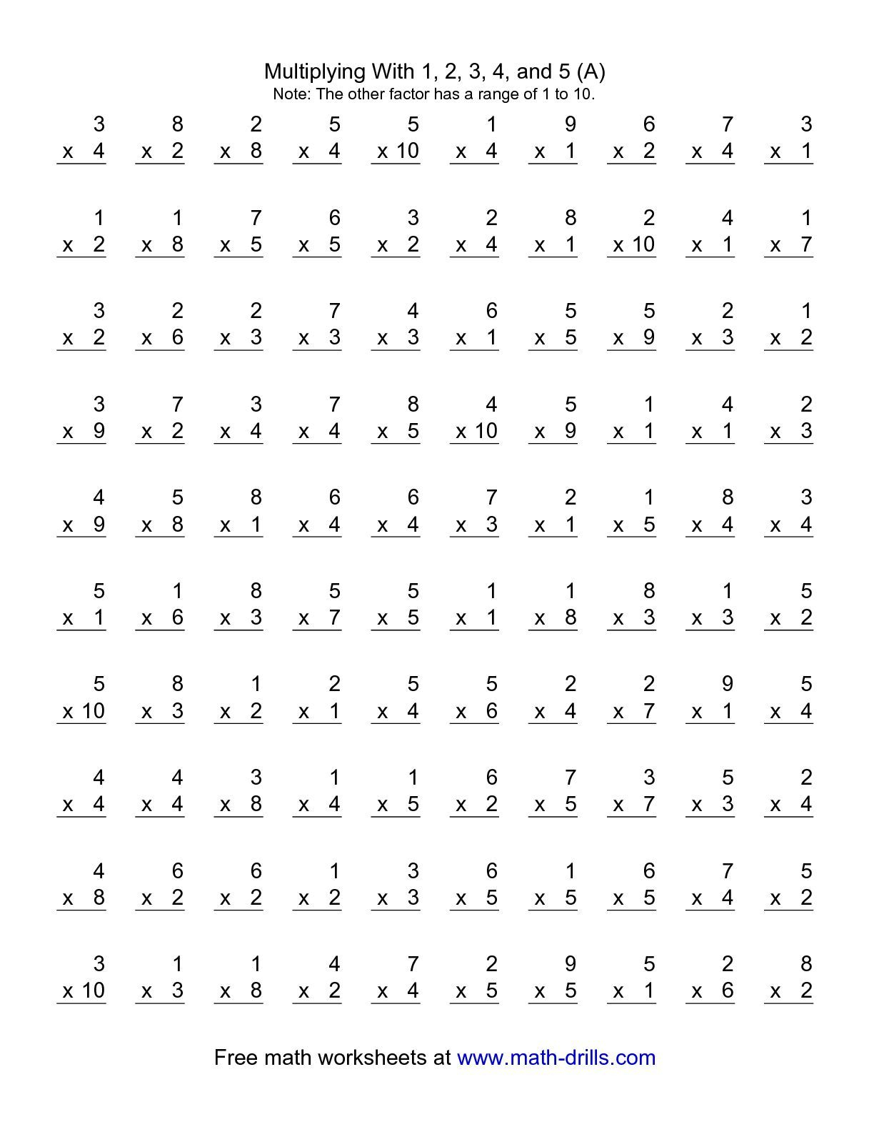 Mathaids The 100 Vertical Questions -- Multiplication in 5 Multiplication Printable