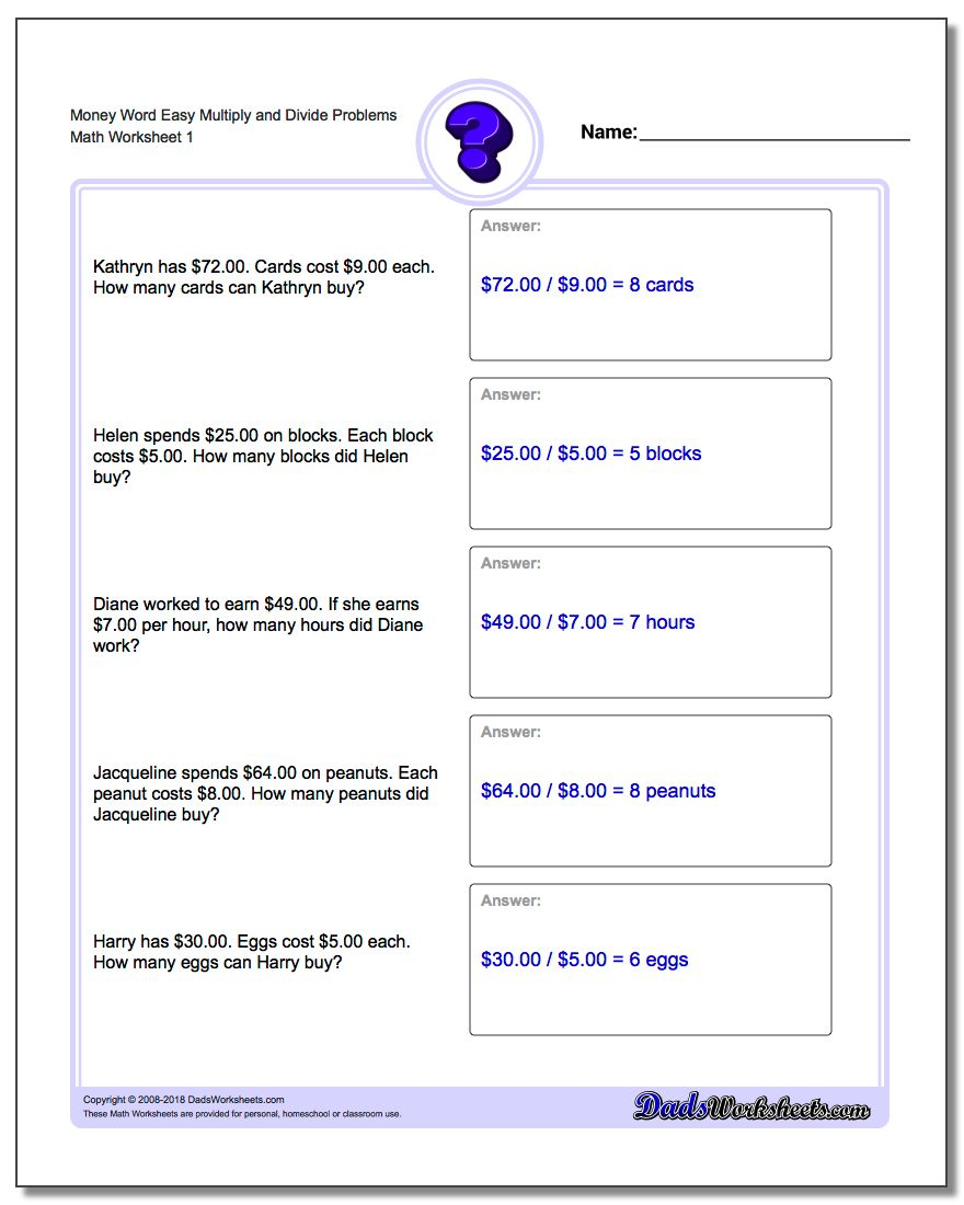 Money Word Problems - Dad's Worksheets with regard to Worksheets On Multiplication And Division For Grade 4