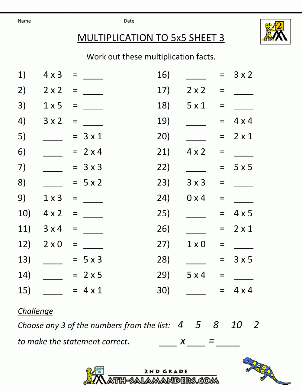Multiplication Drill Sheets Multiplication To 5X5 pertaining to Printable Multiplication Sheet