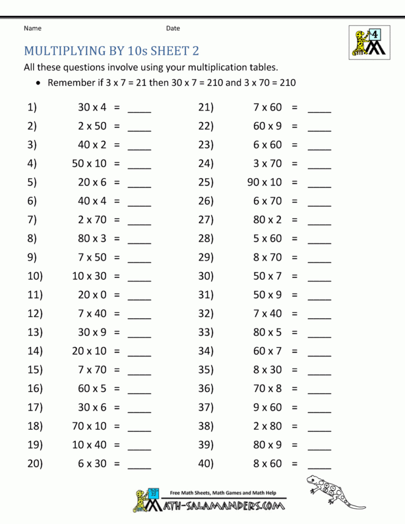 Multiplication Fact Sheets for Worksheets In Multiplication For Grade 4