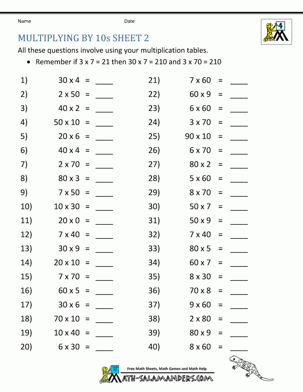 Multiplication Fact Sheets for Worksheets In Multiplication For Grade 4