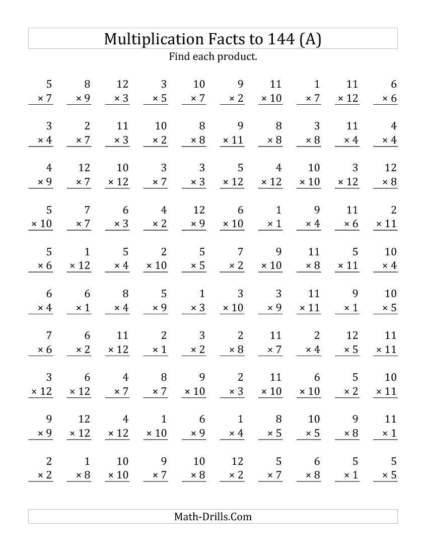 Multiplication Facts To 144 No Zeros (A) | Multiplication in Multiplication Worksheets X2