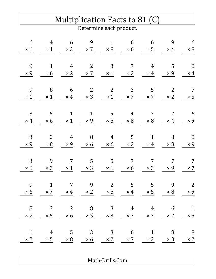 Multiplication Facts To 81 (C) | Multiplication Facts for Printable Multiplication Drills