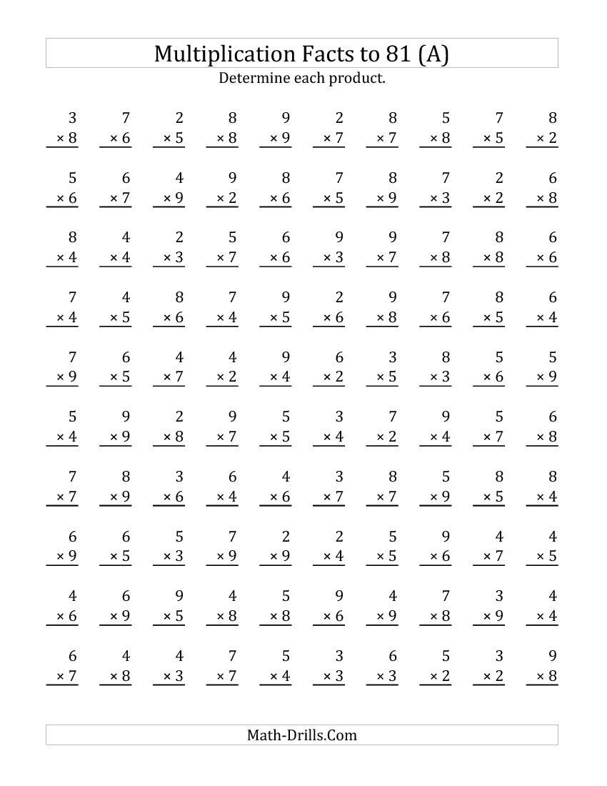 Multiplication Facts To 81 (Facts 2 To 9; 100 Per Page) (A with Printable 100 Multiplication Facts Timed Test