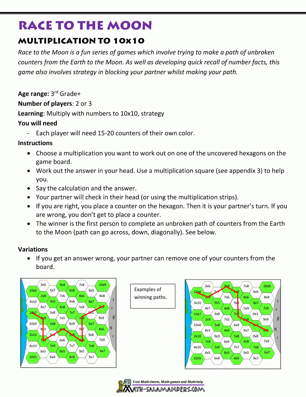 Multiplication Math Games throughout Multiplication Race Printable