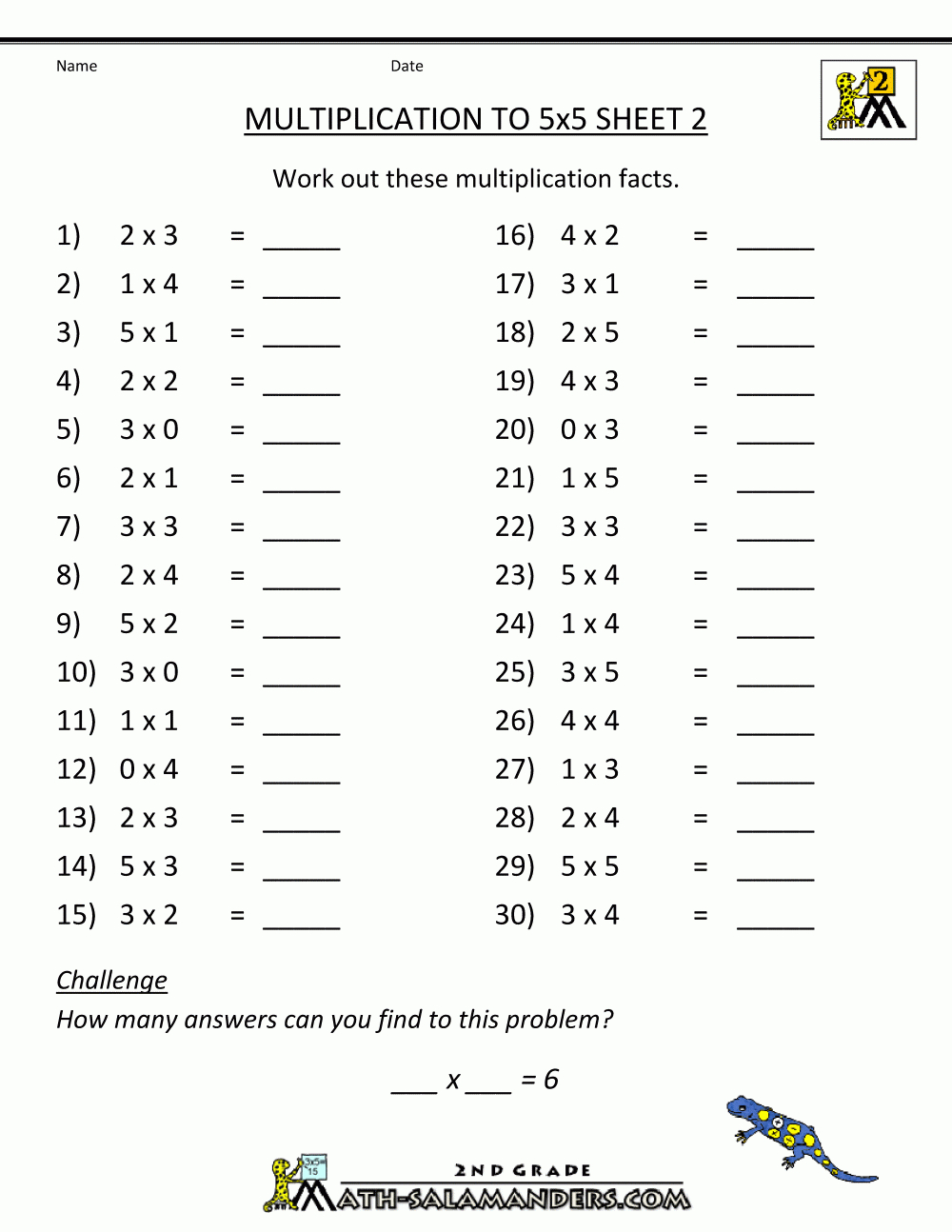 Multiplication Practice Worksheets To 5X5 with Worksheets Multiplication 2