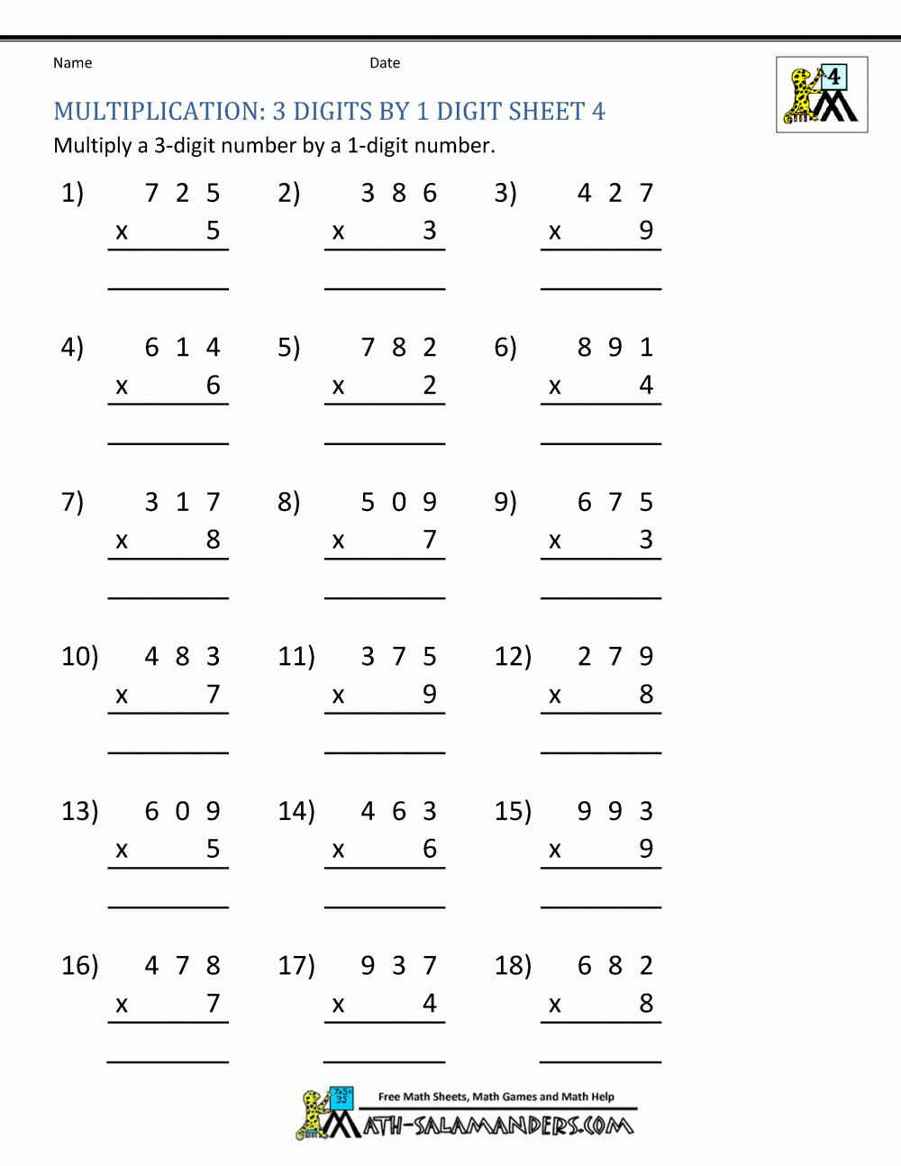 Multiplication Sheet 4Th Grade for Multiplication Worksheets Regrouping
