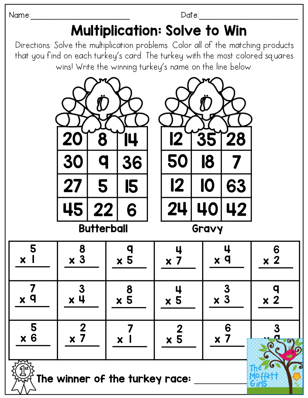 Multiplication: Solve To Win! See Which Turkey Wins The Race for Printable Multiplication Turkey