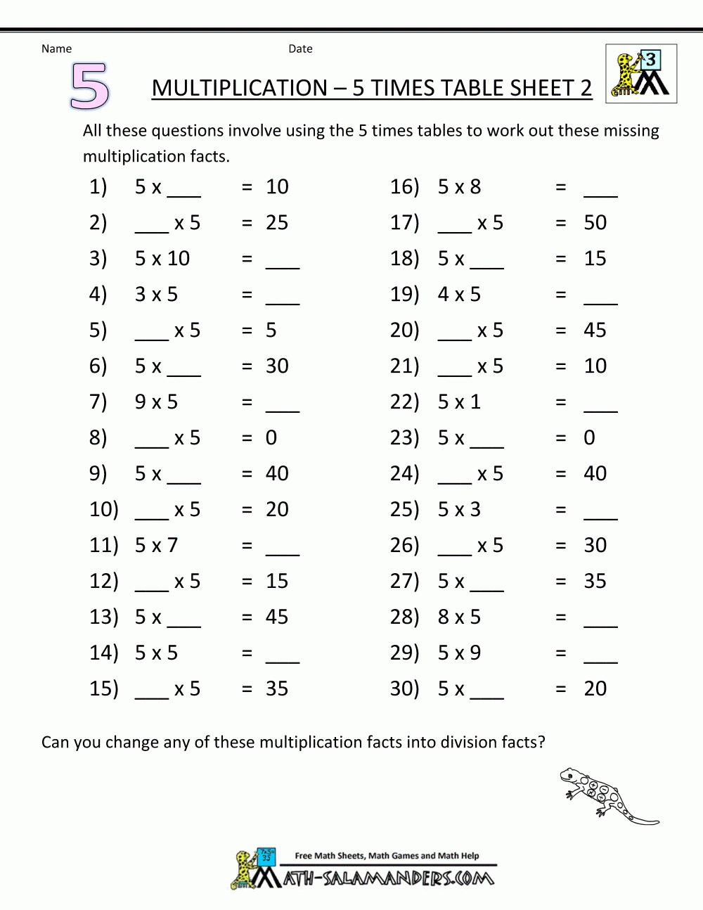 Multiplication Table Worksheets 5 Times Table 2 intended for 5's Multiplication Worksheets