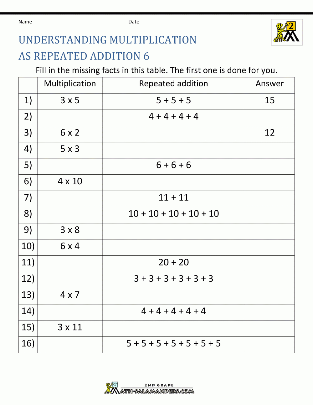 Multiplication Table Worksheets Understanding Multiplication pertaining to Multiplication Worksheets Repeated Addition