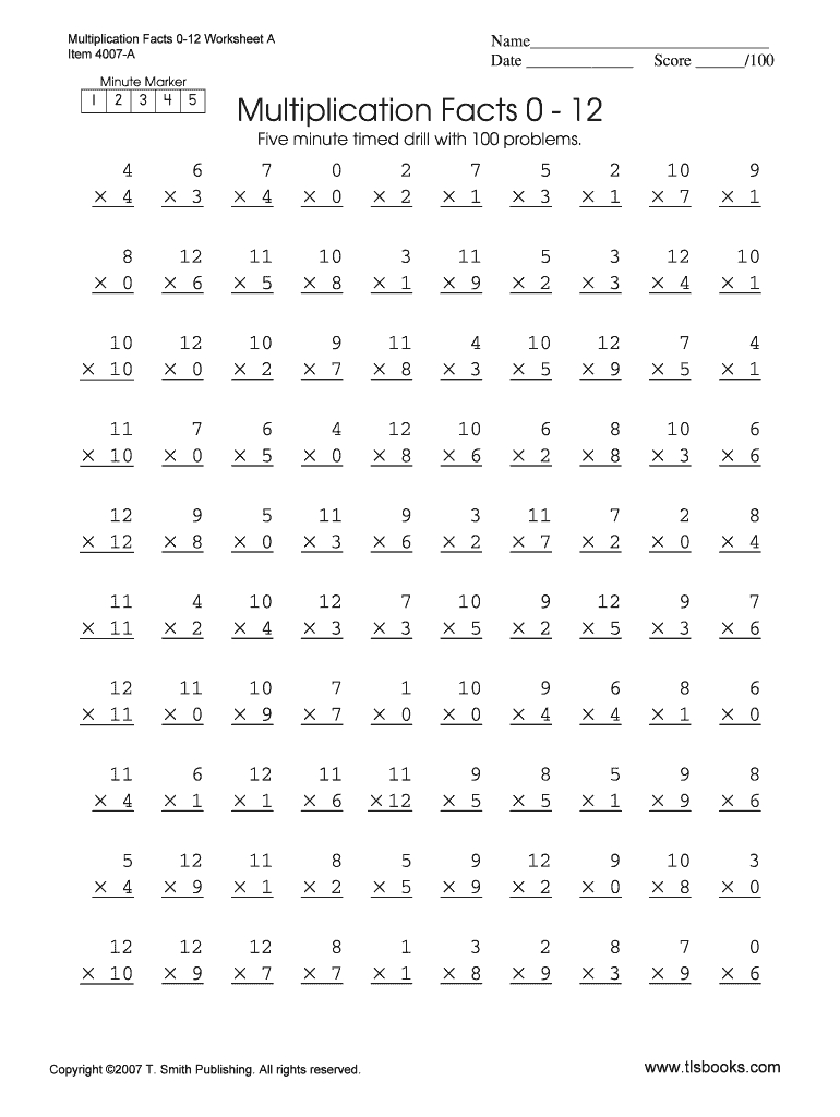 Multiplication Timed Test Printable 0 12 - Fill Online for Printable Multiplication Speed Test