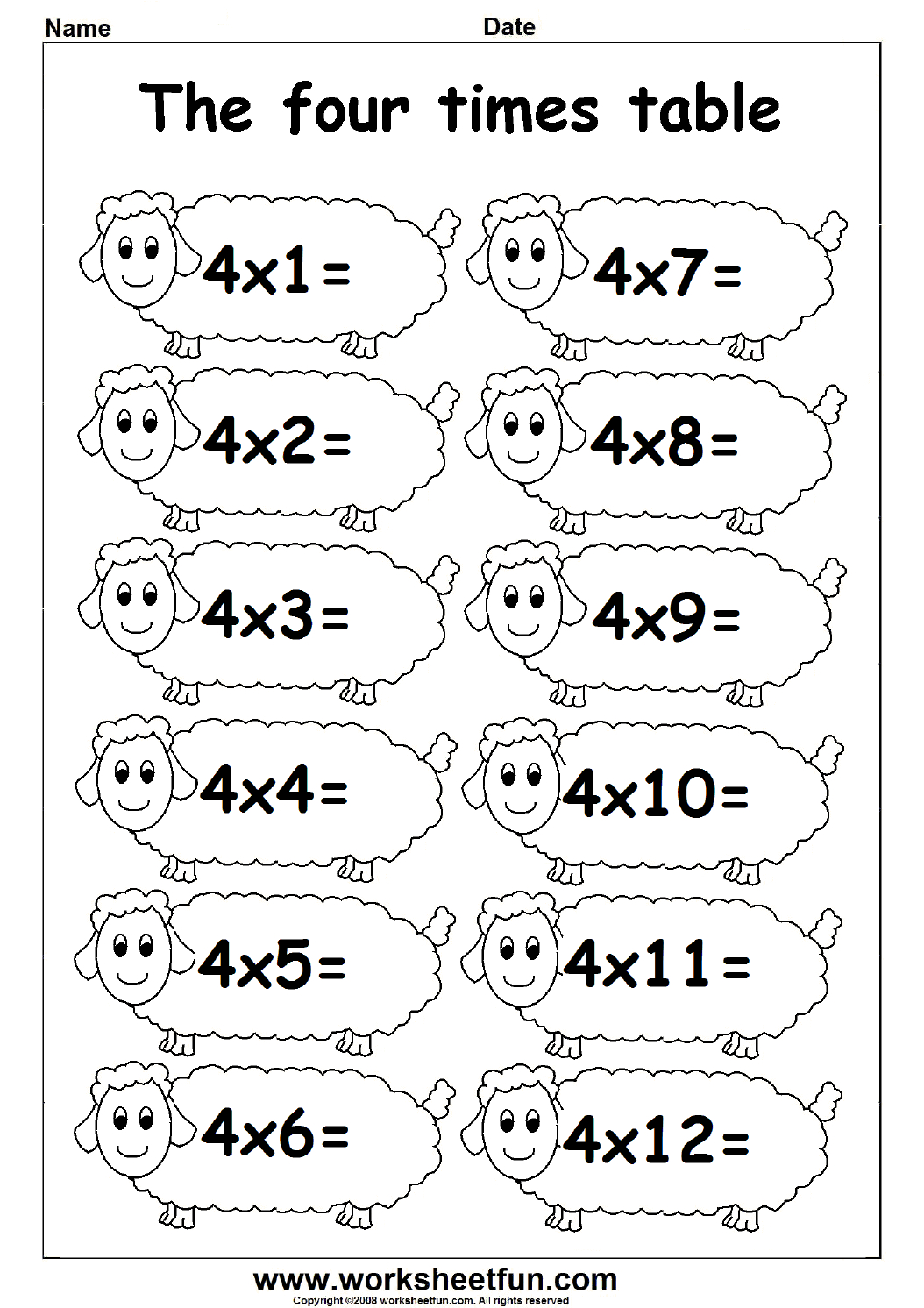 Multiplication 4 Times Table Worksheets