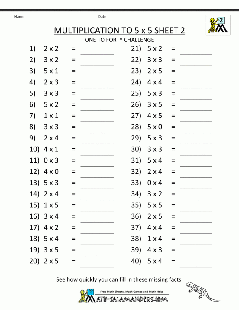 Multiplication To 5X5 Worksheets For 2Nd Grade Printable In Multiplication Worksheets Year 3 Free