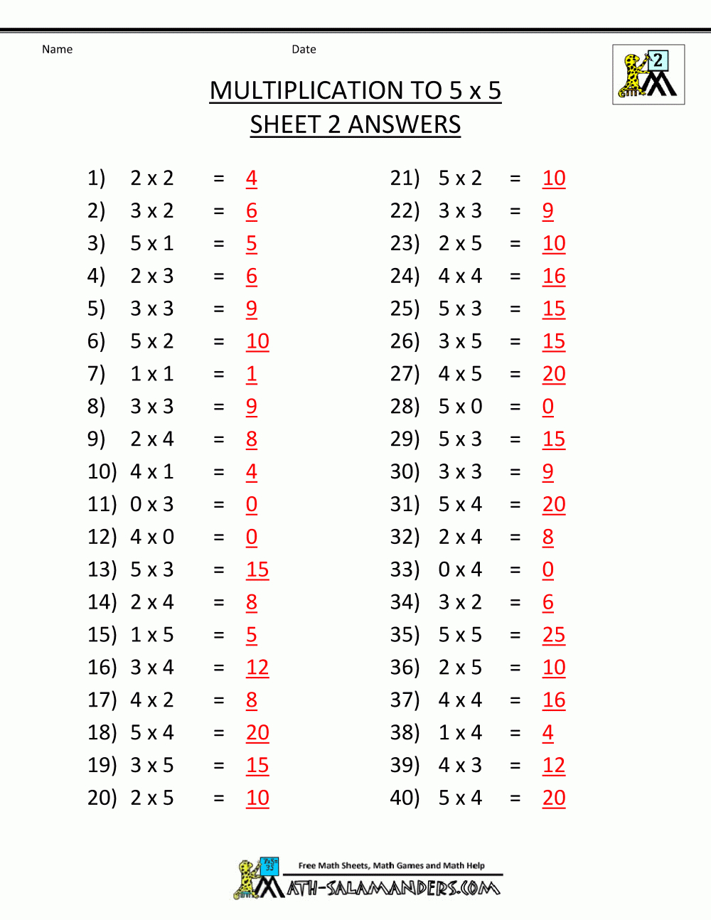 Multiplication To 5X5 Worksheets For 2Nd Grade with Printable Multiplication Chart Up To 20