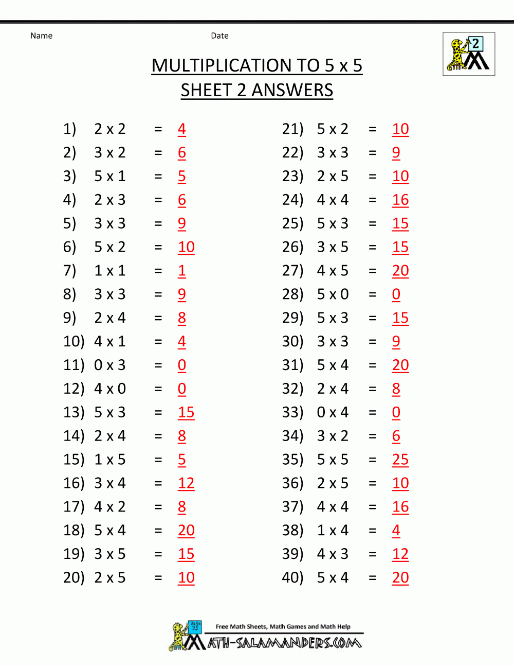 Multiplication To 5X5 Worksheets For 2Nd Grade with Printable Multiplication List