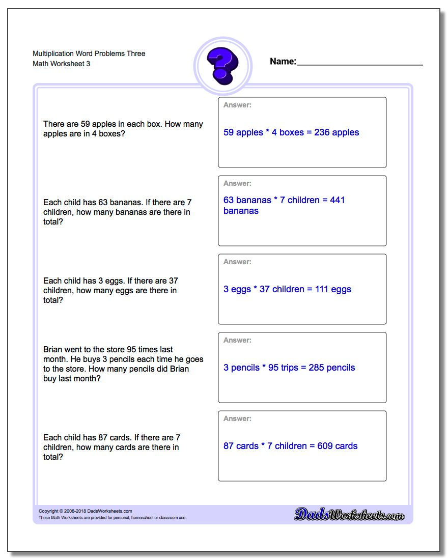Multiplication Word Problems intended for Worksheets On Multiplication For Grade 3