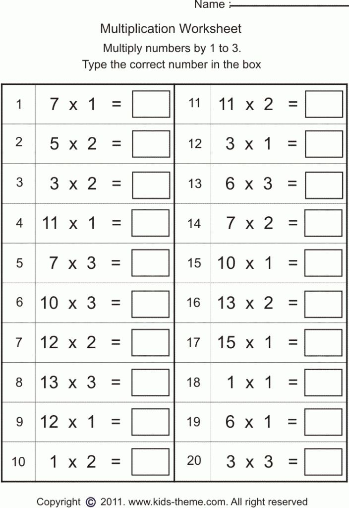 Multiplication Worksheets   Multiply Numbers1 To 3 Inside Printable Multiplication Worksheets Grade 2