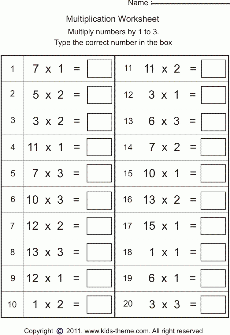 Multiplication Worksheets - Multiply Numbers1 To 3 throughout Multiplication Worksheets Year 3 Free