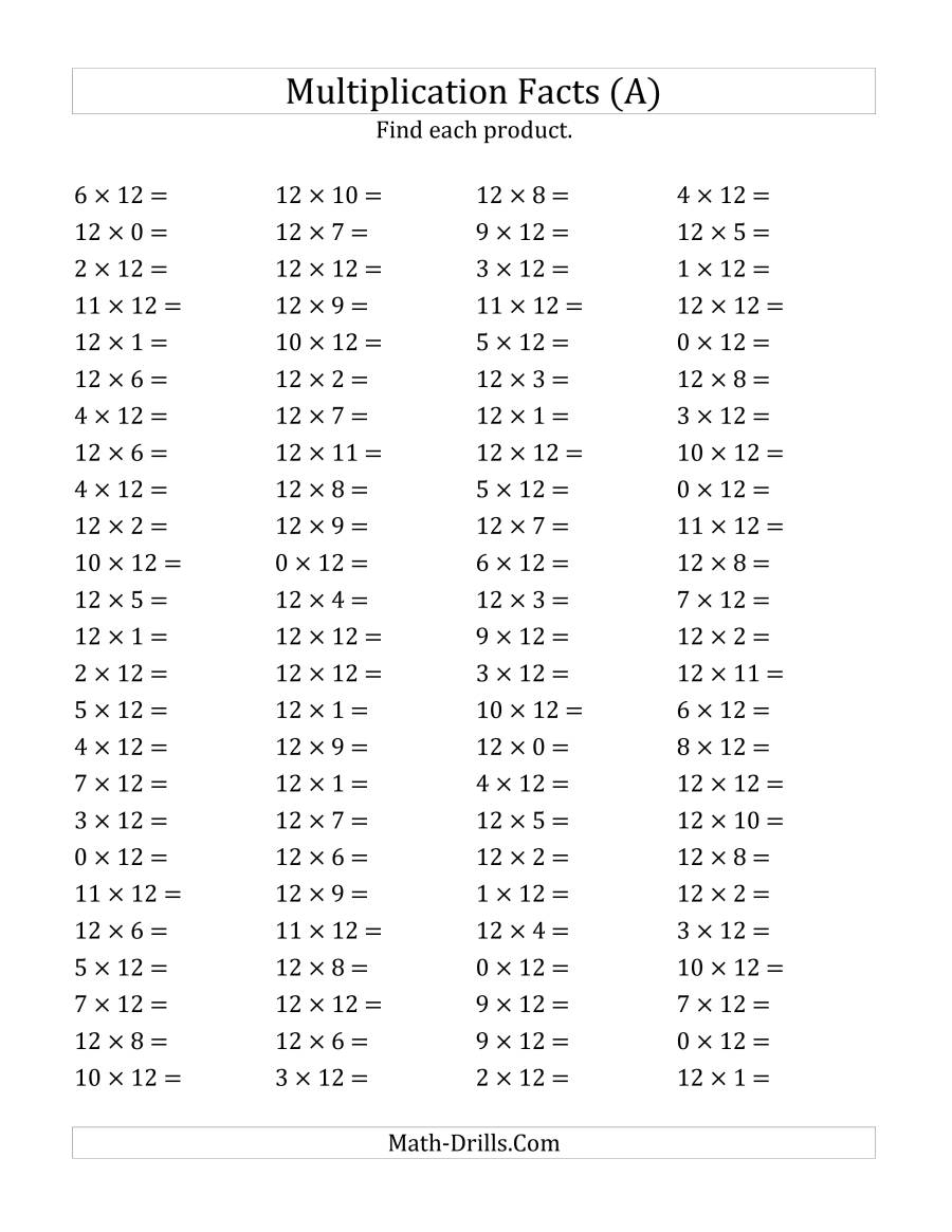 Multiplying 0 To 1212 (A) pertaining to Printable Multiplication Drills