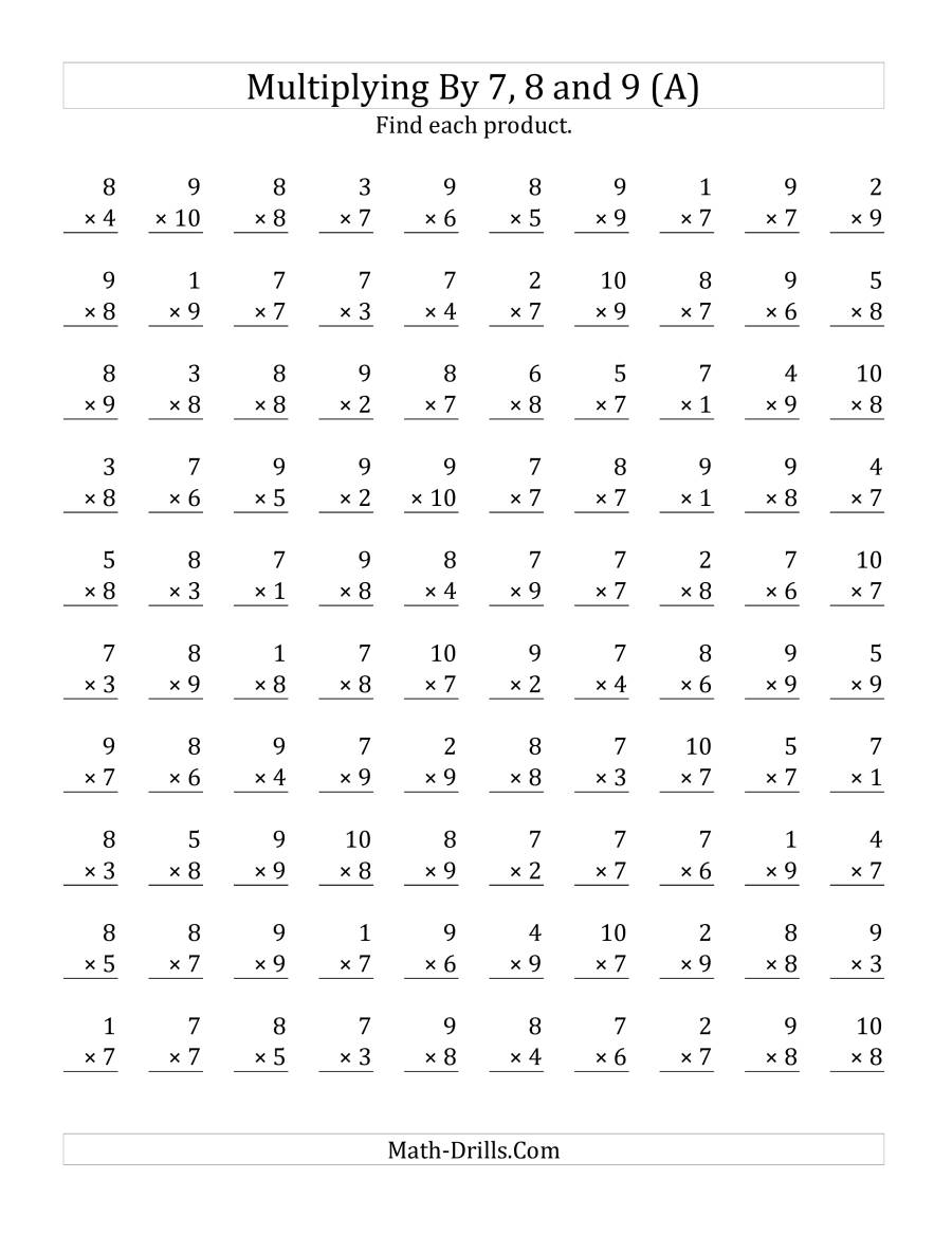 Multiplying (1 To 10)(7, 8 And 9) (A) in Multiplication Worksheets 6S And 7S