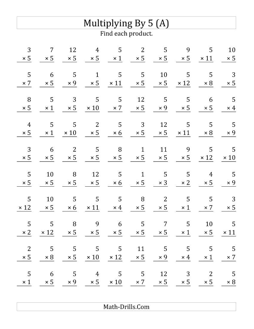 Multiplying 1 To 125 (A) Practice Sheets Plus Answers throughout 5 Multiplication Printable