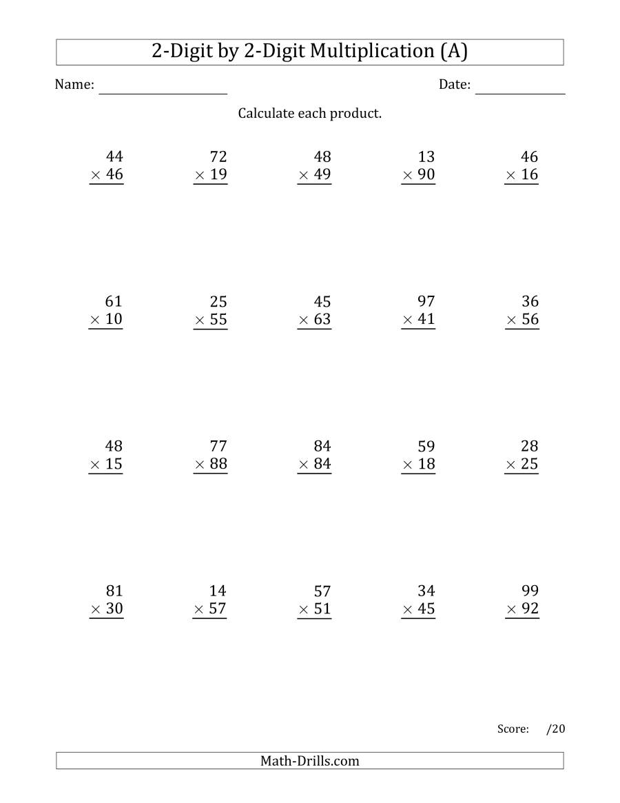 Multiplying 2-Digit2-Digit Numbers (A) pertaining to Multiplication Worksheets X2