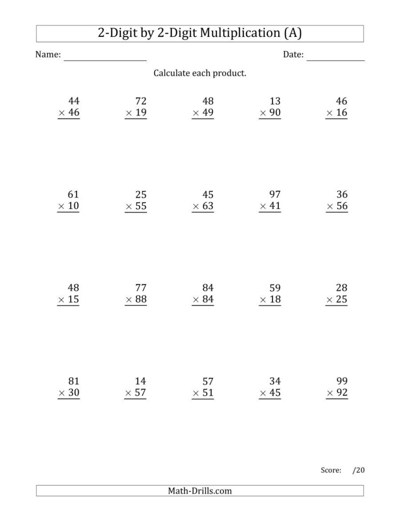 Multiplying 2 Digit2 Digit Numbers (A) With Regard To Printable Multiplication 2X2