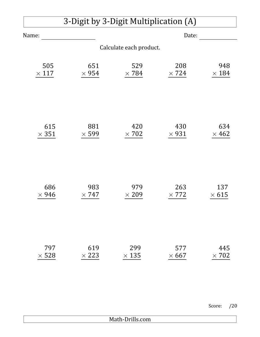 Multiplying 3-Digit3-Digit Numbers (A) intended for Printable Long Multiplication Worksheets