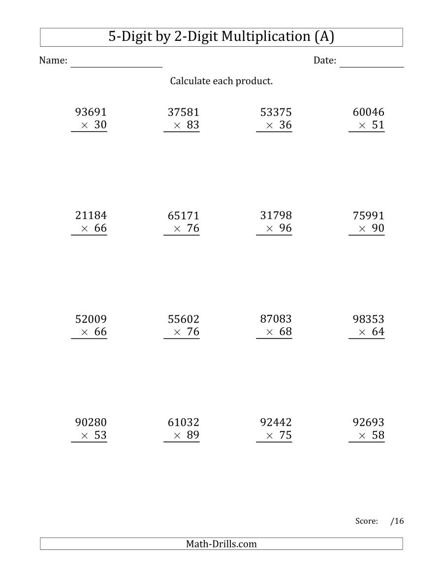 Multiplying 5-Digit2-Digit Numbers (A) with 5&amp;#039;s Multiplication Worksheets