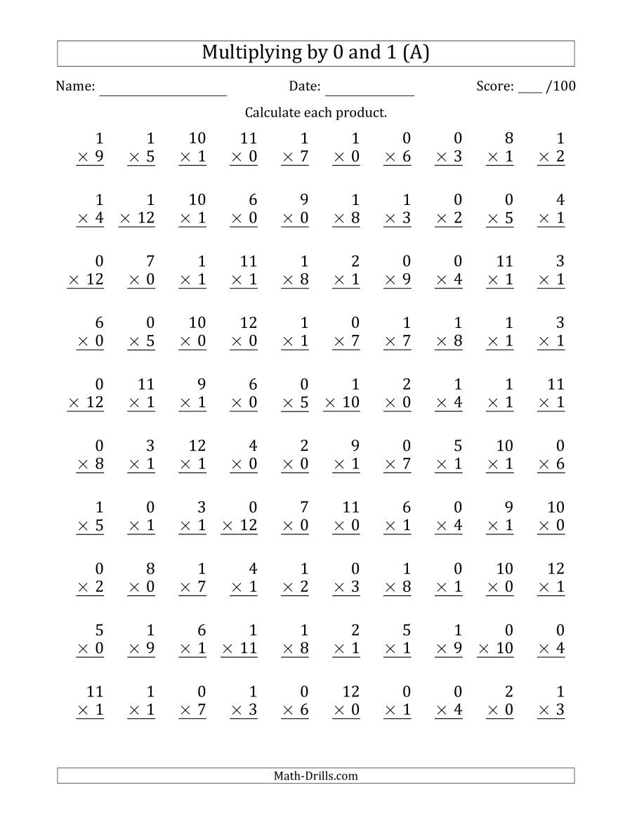 Multiplying0 And 1 With Factors 1 To 12 (100 Questions) (A) for Free Printable Multiplication Drill Sheets