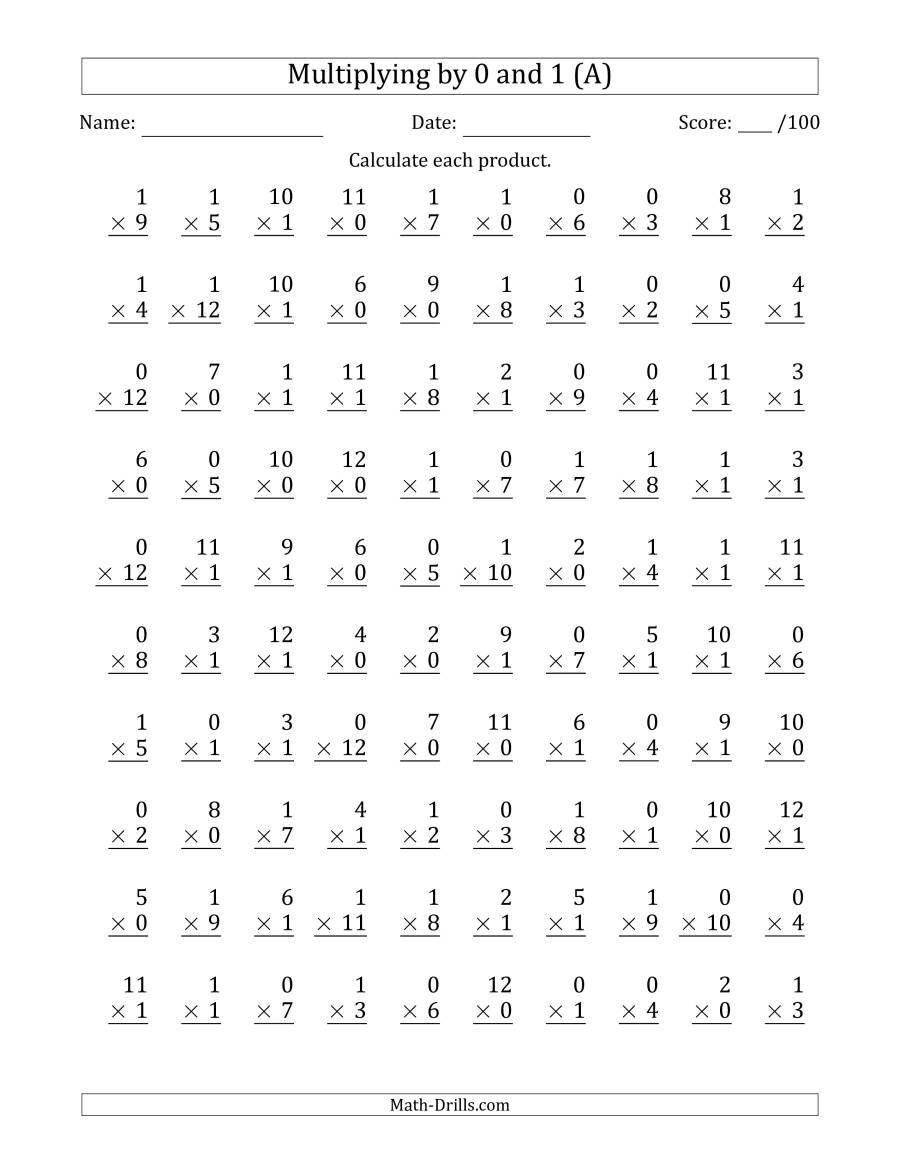 Multiplying0 And 1 With Factors 1 To 12 (100 Questions) (A) throughout Multiplication Worksheets 8's And 9's