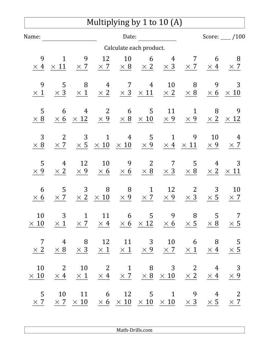 Multiplying1 To 10 With Factors 1 To 12 (100 Questions) (A) pertaining to Multiplication Worksheets Vertical