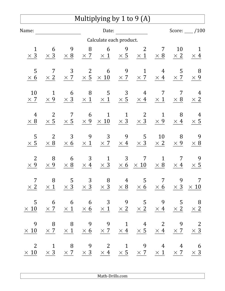 Multiplying1 To 9 With Factors 1 To 10 (100 Questions) (A) for Multiplication Worksheets 9S