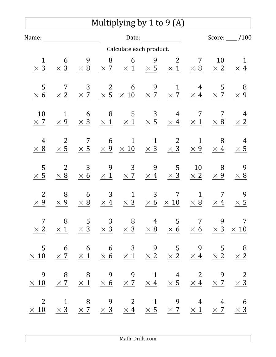 Multiplying1 To 9 With Factors 1 To 10 (100 Questions) (A) inside Multiplication Worksheets Up To 10