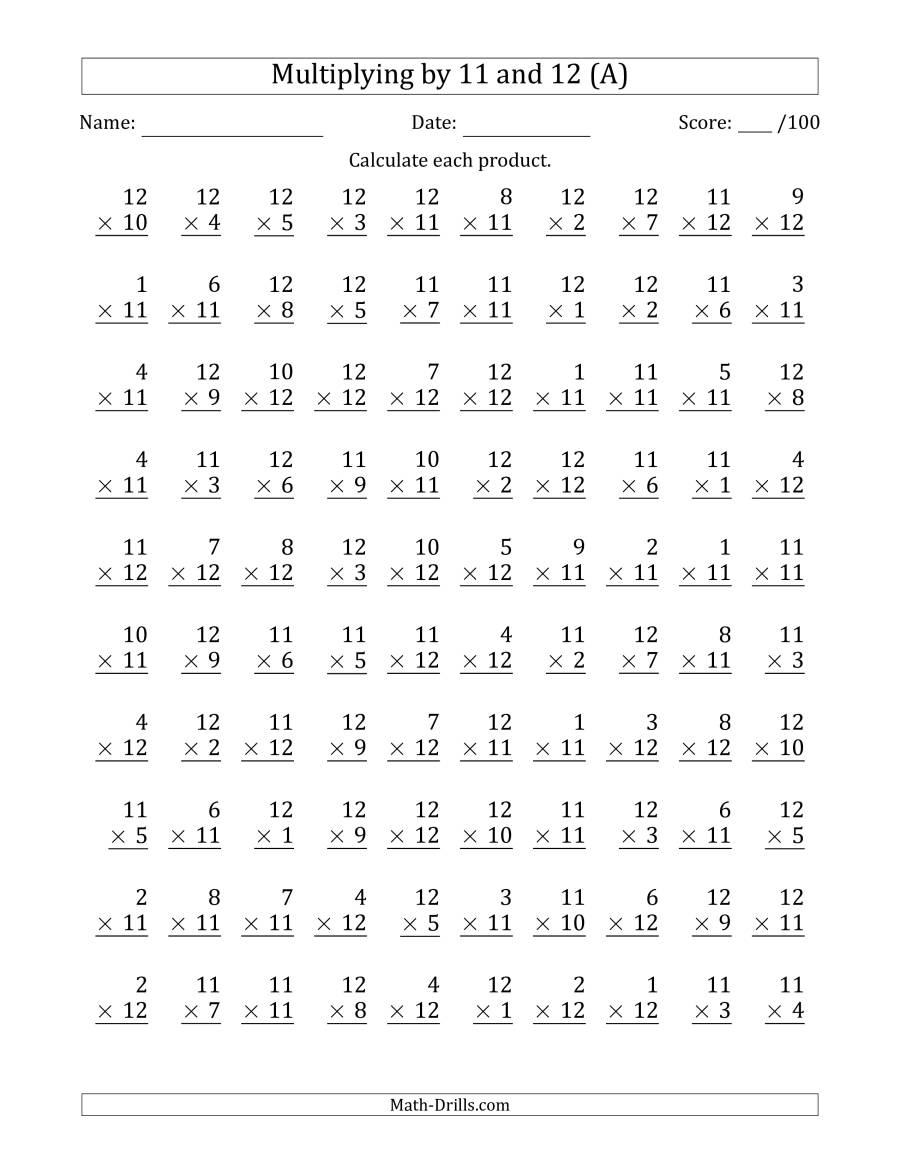 Multiplying11 And 12 With Factors 1 To 12 (100 Questions pertaining to Printable Multiplication Worksheets Up To 12