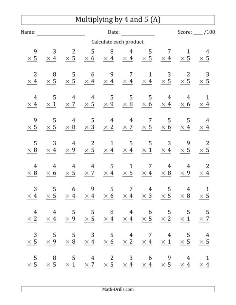 Multiplying4 And 5 With Factors 1 To 9 (100 Questions) (A) Within Multiplication Worksheets 4S And 5S