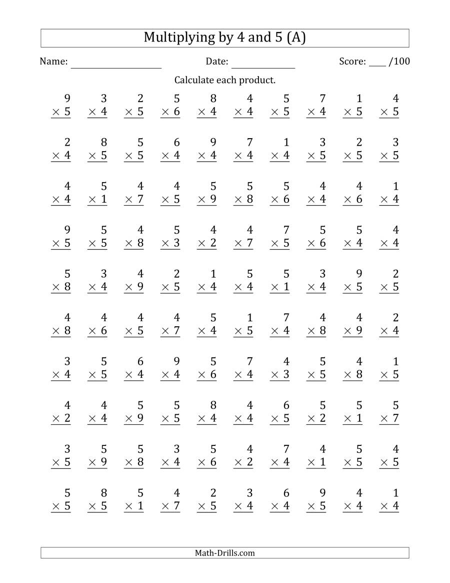 Multiplying4 And 5 With Factors 1 To 9 (100 Questions) (A) within Multiplication Worksheets 4S And 5S