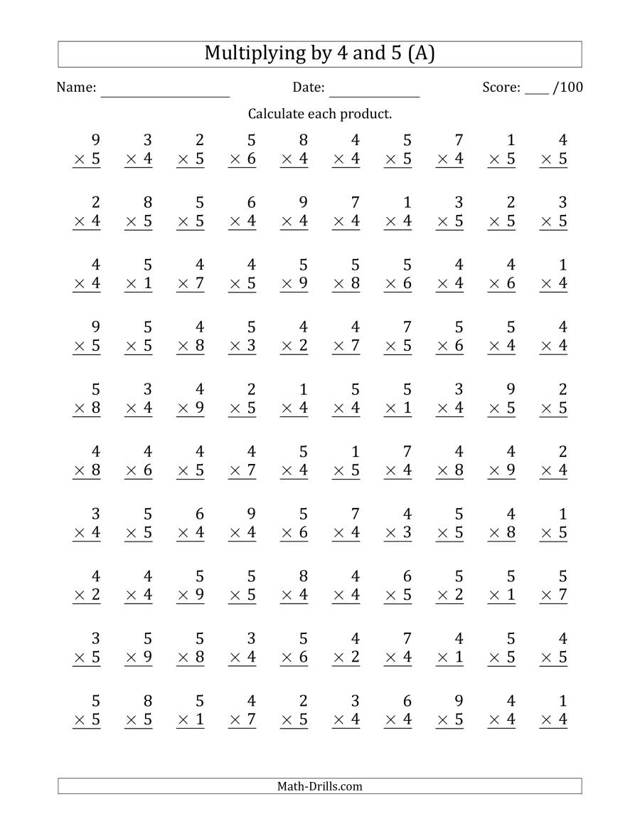 Multiplying4 And 5 With Factors 1 To 9 (100 Questions) (A) within Multiplication Worksheets 4S And 5S Multiplying4 And 5 With Factors 1 To 9 (100 Questions) (A) within Multiplication Worksheets 4S And 5S