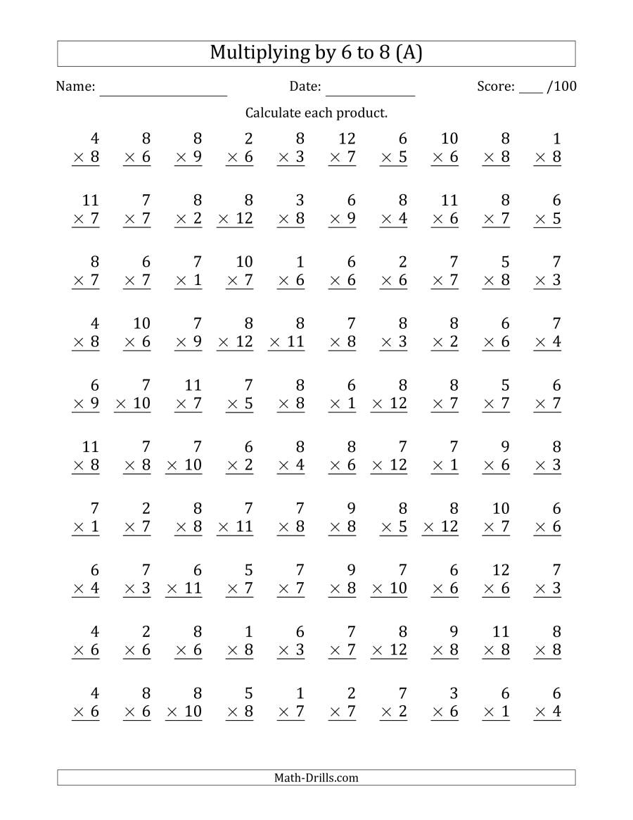 Multiplying6 To 8 With Factors 1 To 12 (100 Questions) (A) in 9 Multiplication Worksheets