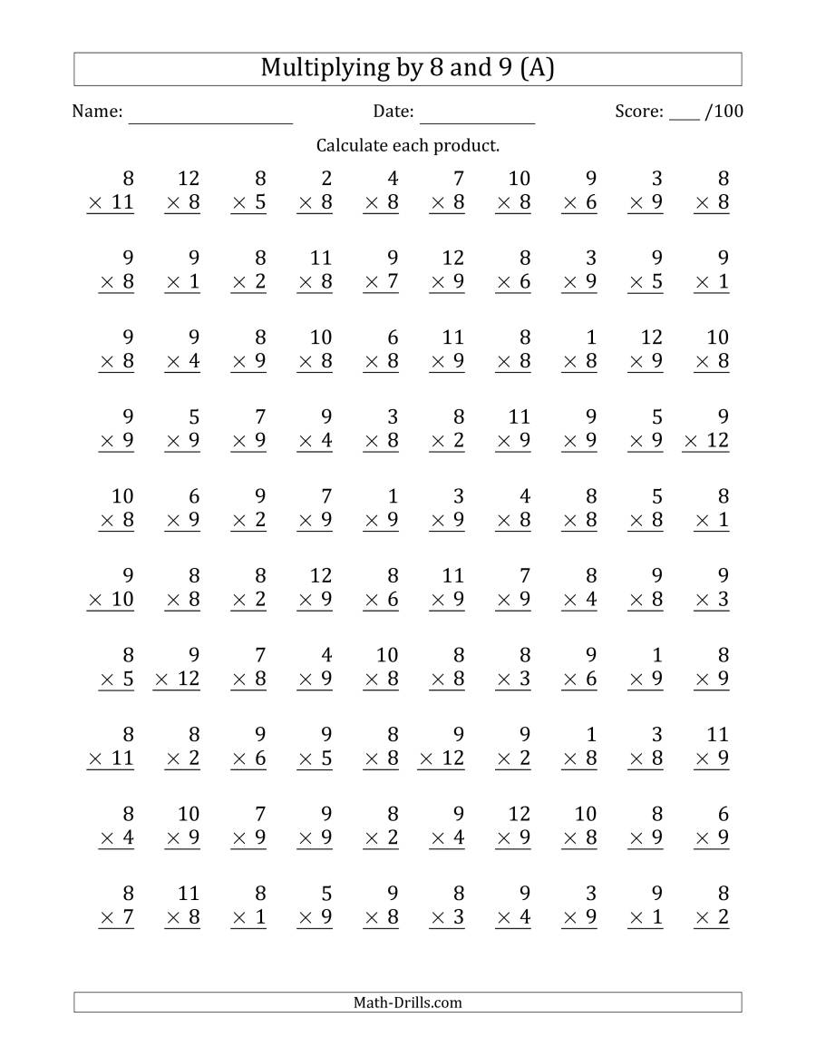 Multiplying8 And 9 With Factors 1 To 12 (100 Questions) (A) in Multiplication Worksheets 9S