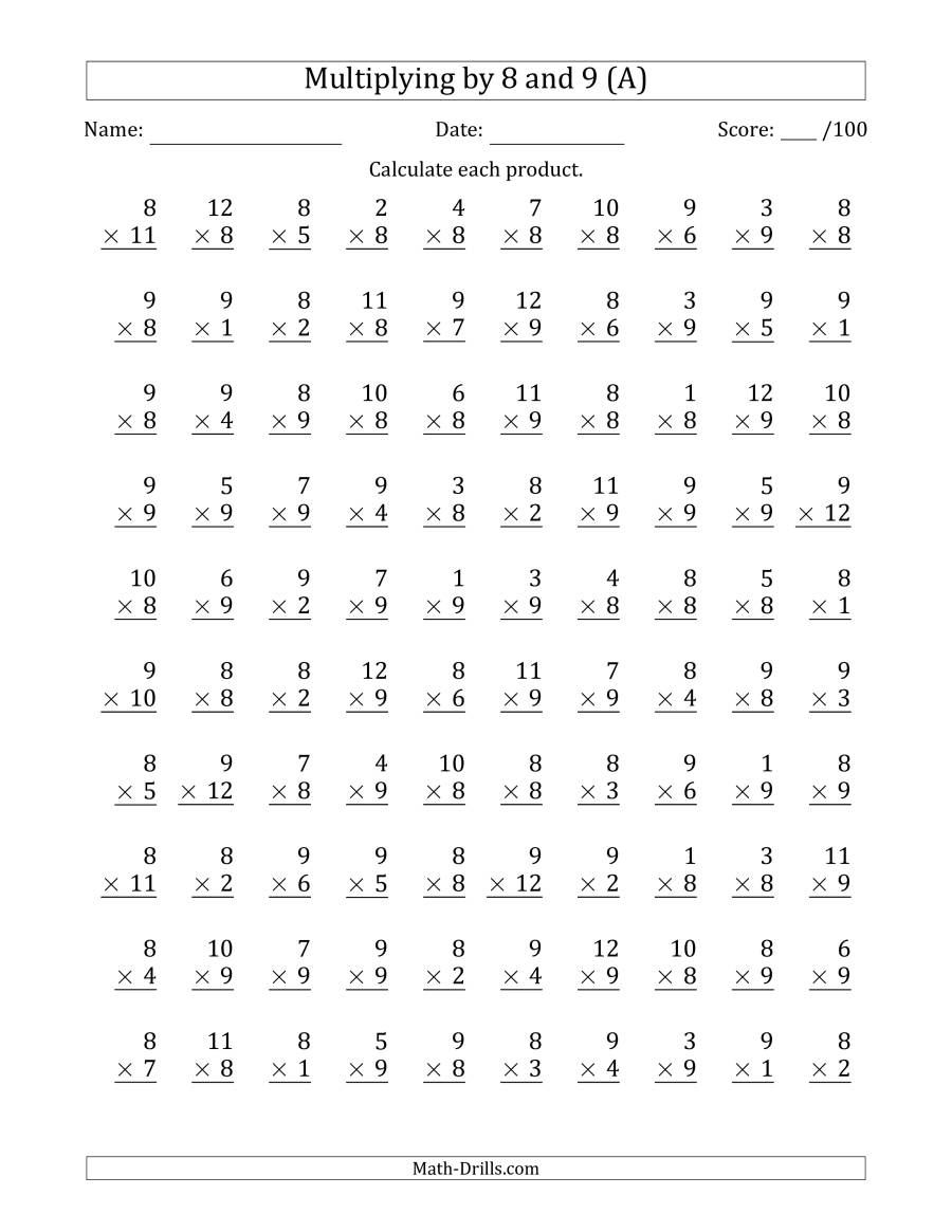 Multiplying8 And 9 With Factors 1 To 12 (100 Questions) (A) in Multiplication Worksheets 9S Multiplying8 And 9 With Factors 1 To 12 (100 Questions) (A) in Multiplication Worksheets 9S