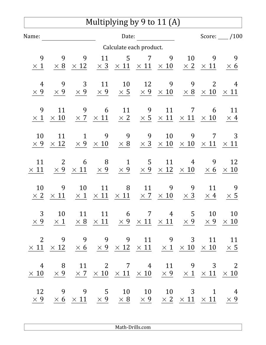 Multiplying9 To 11 With Factors 1 To 12 (100 Questions) (A) in Multiplication Worksheets Up To 10