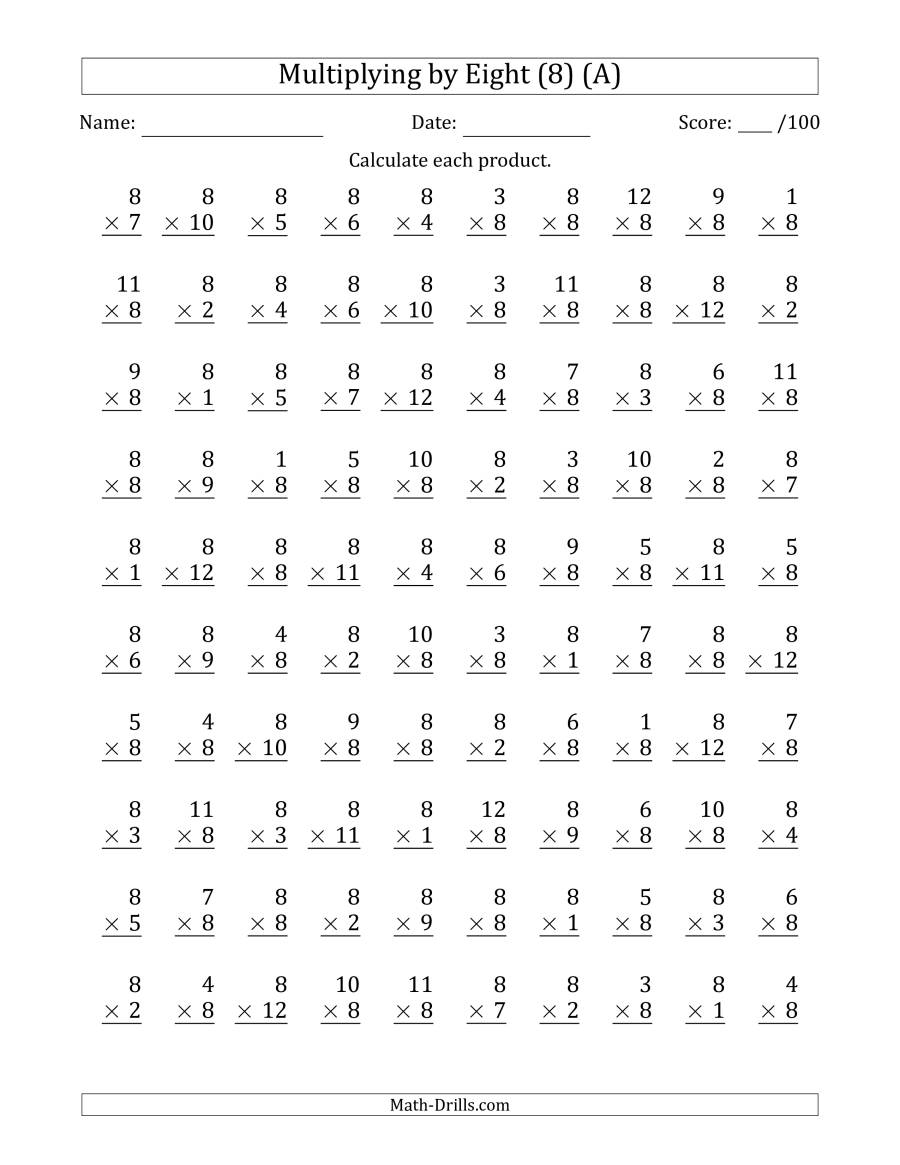 Multiplyingeight (8) With Factors 1 To 12 (100 Questions regarding Multiplication Worksheets Year 8