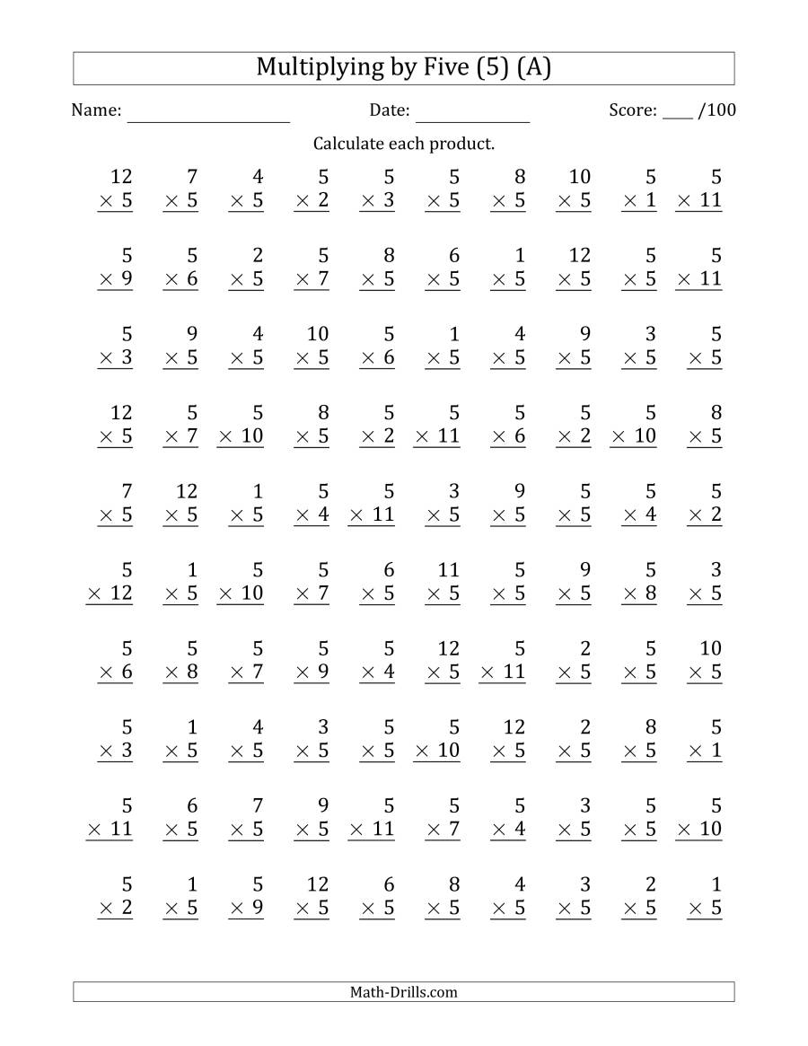 Multiplyingfive (5) With Factors 1 To 12 (100 Questions) (A) in Multiplication Worksheets 4S And 5S