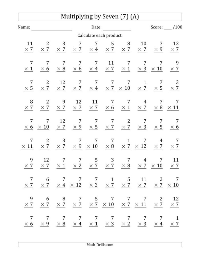 Multiplyingseven (7) With Factors 1 To 12 (100 Questions Within Printable Multiplication Problems 100