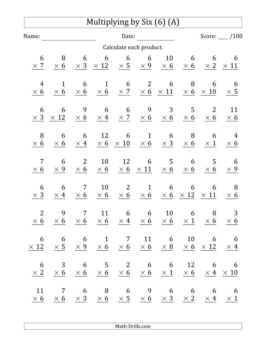 Multiplyingsix (6) With Factors 1 To 12 (100 Questions) (A) intended for Multiplication Worksheets 6-12
