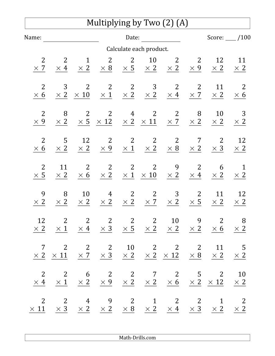 Multiplyingtwo (2) With Factors 1 To 12 (100 Questions) (A) regarding Printable Multiplication Drills